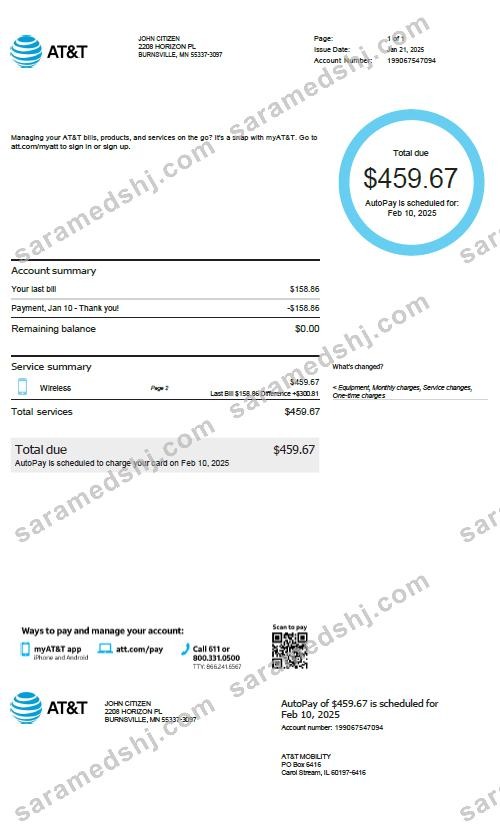 USA AT&T utility bill template in Word and PDF formats, version 3